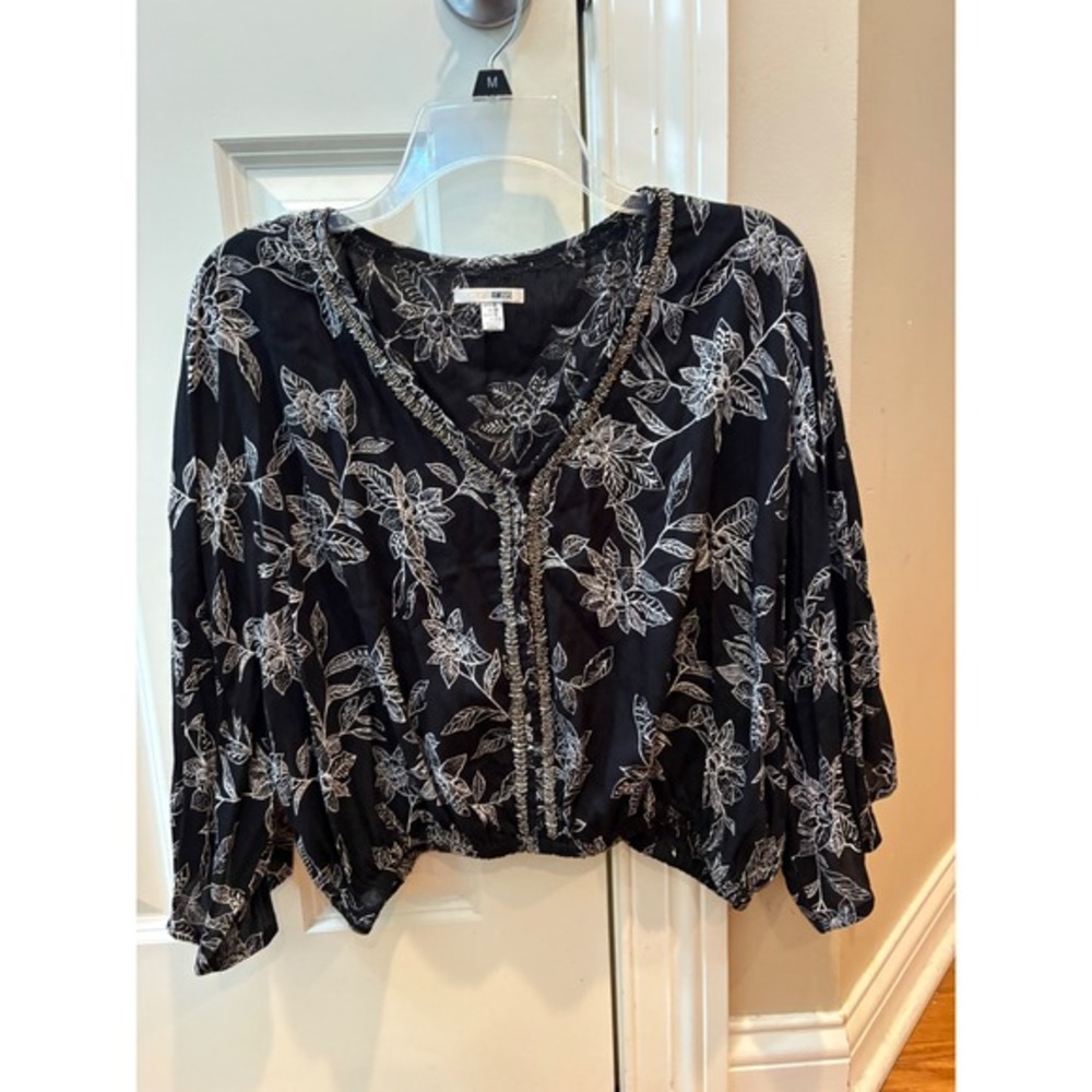Amuse Society Floral Blouse Top Womens Medium Black Bohemian Long Sleeve‎ M